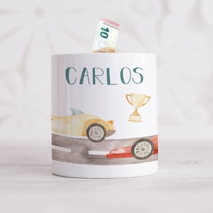 Spardose für Kinder mit Namen personalisiert - Rennauto Design - Auto - Personalisiertes Geschenk für Jungen & Mädchen - Geburtstag