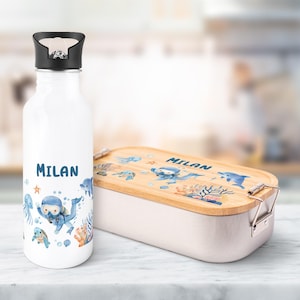 Ensemble gourde et boîte à lunch imprimée - plongeur - personnalisé avec nom - avec couvercle - cadeau pour la scolarisation - garçons et filles