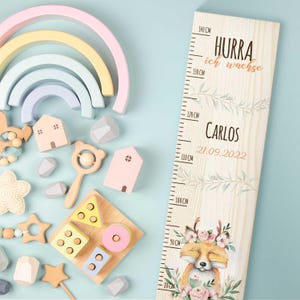 Groeimeter voor kinderen - vos - gepersonaliseerd met naam & datum - van hout - cadeau voor geboorte - voor meisjes en jongens - kinderkamer