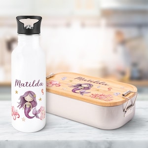 Ensemble gourde et boîte à lunch imprimées - Sirène - Personnalisé avec nom - avec couvercle - Cadeau de rentrée scolaire - Garçons et filles