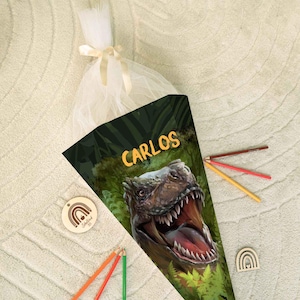 Cône scolaire imprimé - T-Rex - Personnalisé avec nom - Cadeau pour le premier jour d'école - Cône de bonbons hexagonal pour garçons et filles