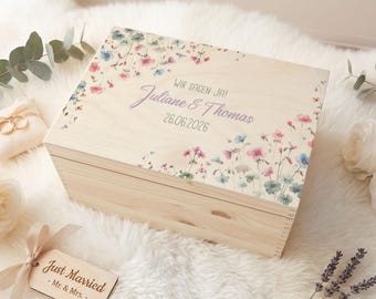 Gepersonaliseerde bewaardoos - Pastelkleurige bloemen - Namen en datum - Huwelijksgeschenk - Bewaardoos voor bruid en bruidegroom - Huwelijksgeschenk
