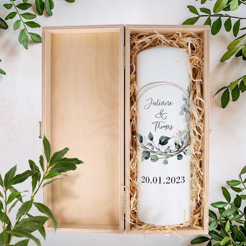 Vela de boda personalizada - Círculo floral - Personalizada con nombres y fecha - Regalo de boda - Vela de pilar Kerze mit Kiste