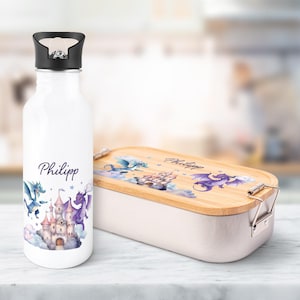 Ensemble gourde et boîte à lunch imprimées - dragon - personnalisé avec nom - avec couvercle - cadeau pour la scolarisation - pour garçons et filles