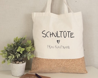 Kurken boodschappentas - schooltas in de vorm van een kegel - gepersonaliseerd met naam - cadeau voor leraren - jute tas - schoudertas - draagtas