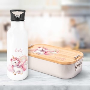 Ensemble gourde et boîte à lunch imprimées - Pégase - Personnalisé avec nom - avec couvercle - Cadeau pour la scolarisation - pour garçons et filles