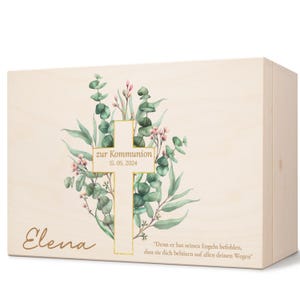 Caja de madera personalizada – Caja de recuerdo de comunión con motivo de cruz de eucalipto – Personalizada con nombre y fecha – Regalo para bautizo