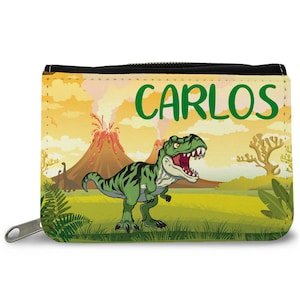 Cartera personalizada con nombre – Diseño de dinosaurio – Regalo para la escolarización y cumpleaños – Regalos de bautizo para niños y niñas