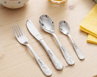 Gepersonaliseerd kinderbestek met gravure - cadeau voor kinderen voor een doop - met naam - verjaardag - 4-delige set - bestek - doopcadeau