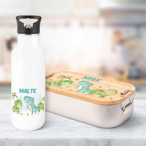 Ensemble gourde et boîte à lunch imprimées - Dino - Personnalisé avec nom - avec couvercle - Cadeau pour la scolarisation - pour garçons et filles