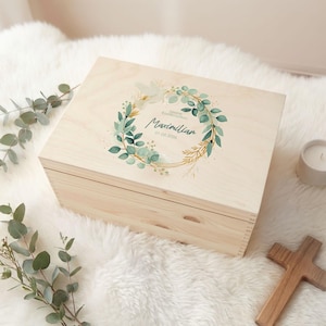 Scatola ricordo personalizzata con nome e data - corona di foglie - scatola di legno - scatola ricordo per battesimo, comunione, cresima - scatola regalo