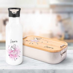 Ensemble gourde et boîte à lunch imprimées - Ballerine - Personnalisé avec nom - avec couvercle - Cadeau pour la scolarisation - pour garçons et filles