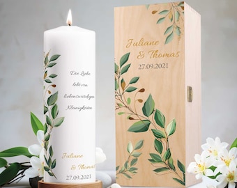 Gepersonaliseerde trouwkaars - Eucalyptusrank - Gepersonaliseerd met namen en datum - Huwelijksgeschenk - Hoogwaardige pilaarkaars