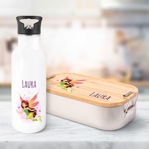 Ensemble gourde et boîte à lunch imprimées - Fée Magique - Personnalisé avec nom - avec couvercle - Cadeau pour la rentrée scolaire - Garçons et filles