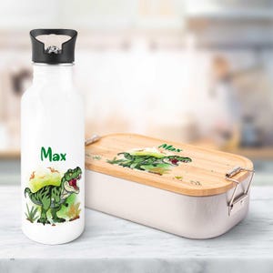 Ensemble gourde et boîte à lunch imprimées - T-Rex - Personnalisé avec nom - avec couvercle - Cadeau de rentrée scolaire - Garçons et filles