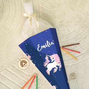 Cône scolaire imprimé - Licorne Bleue - Personnalisé avec nom - Cadeau pour la rentrée scolaire - Cône de bonbons hexagonal pour garçons et filles