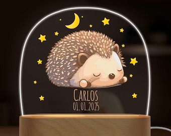 Personalisiertes Nachtlicht - Igel - Personalisiert mit Name & Datum - für Kinder - LED Acryl - Geschenk Geburtstag - Jungen Mädchen