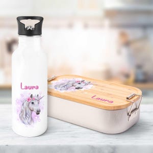 Ensemble gourde et boîte à lunch imprimées - Licorne - Personnalisé avec nom - avec couvercle - Cadeau pour la rentrée scolaire - pour garçons et filles