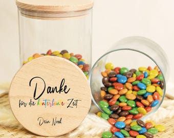 Barattolo portaoggetti - Grazie per il tempo colorato - personalizzato con nome e data - stampato, incluso coperchio in legno - contenitore portaoggetti - barattolo per biscotti