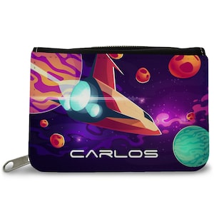 Cartera impresa personalizada - diseño de nave espacial - para niños que comienzan el colegio - regalo de cumpleaños - regalo de cumpleaños