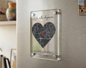 Magnete personalizzato "Dove tutto è cominciato" - con nome, data e luogo - immagine delle coordinate - magnete da frigo con mappa della città - Il nostro primo appuntamento