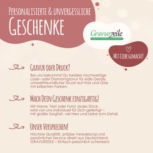 May include: A promotional graphic with a cream background featuring the text Personalisierte & Unvergessliche Geschenke, the Gravurzeile logo, and the phrase Mit Liebe Gemacht. It outlines services including laser or diamond engraving and printing on wood and glass.