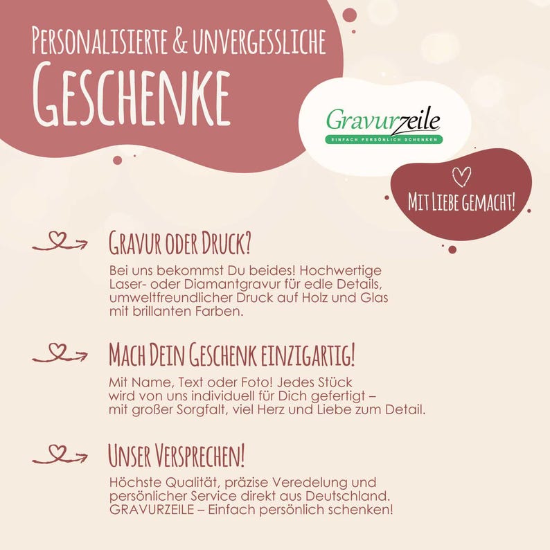 May include: A promotional graphic with a cream background featuring the text Personalisierte & Unvergessliche Geschenke, the Gravurzeile logo, and the phrase Mit Liebe Gemacht. It outlines services including laser or diamond engraving and printing on wood and glass.
