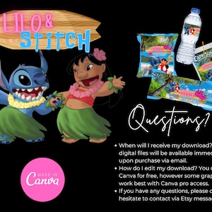 May include: A digital design featuring the characters Lilo and Stitch, with the text "Lilo & Stitch" on a surfboard. The image includes illustrations of the characters, snack packaging, and a water bottle. The text "Questions?" is also present.