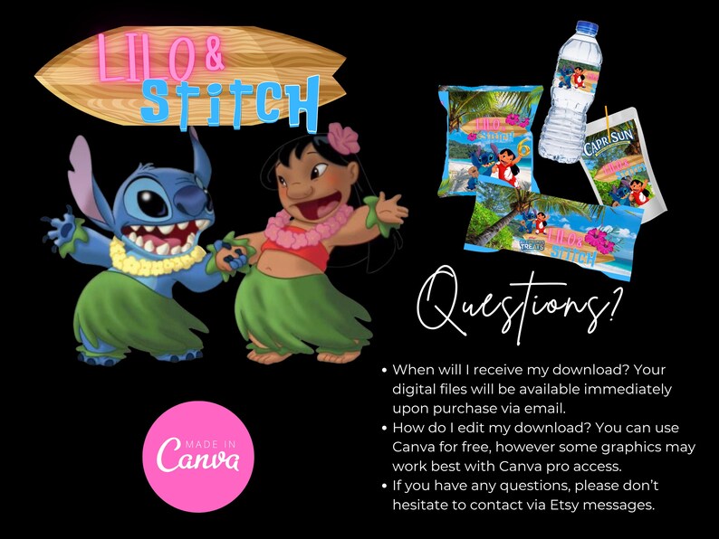 May include: A digital design featuring the characters Lilo and Stitch, with the text "Lilo & Stitch" on a surfboard. The image includes illustrations of the characters, snack packaging, and a water bottle. The text "Questions?" is also present.