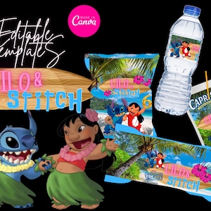 May include: An image featuring Lilo & Stitch-themed party supplies. The design includes a water bottle, Capri Sun, and snack bags, all decorated with the characters. The background is black, with the words "Editable Templates" and "Made in Canva".