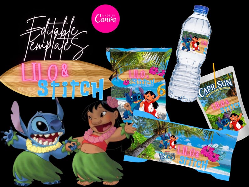 May include: An image featuring Lilo & Stitch-themed party supplies. The design includes a water bottle, Capri Sun, and snack bags, all decorated with the characters. The background is black, with the words "Editable Templates" and "Made in Canva".