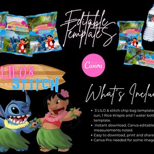 May include: A digital template set featuring Lilo & Stitch designs. Includes chip bag, Capri Sun, Rice Krispie, and water bottle templates. The image shows the characters Lilo and Stitch on a beach background, with the text "Lilo & Stitch".