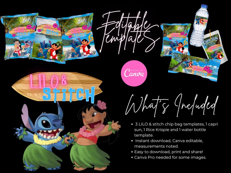 May include: A digital template set featuring Lilo & Stitch designs. Includes chip bag, Capri Sun, Rice Krispie, and water bottle templates. The image shows the characters Lilo and Stitch on a beach background, with the text "Lilo & Stitch".