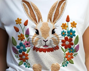 Faux Embroidery Easter Bunny PNG: Floral Sublimation Design (Digital Download)