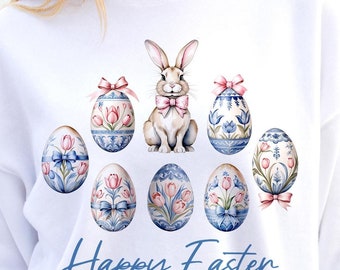 Chinoiserie Easter Bunny PNG: Blue Toile Eggs, Spring Sublimation (Digital Download)