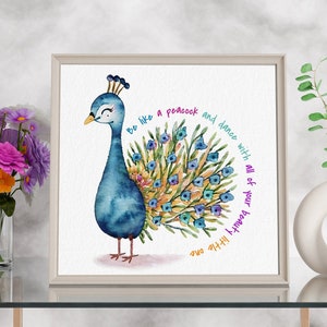 Kinderkamer Wall Art afdrukbare Peacock Poster vogel aquarel print Kid Quote Poster Bird Print WallArt Peacock Animal Decor verjaardag babykaart