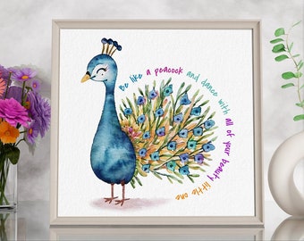 Peacock Watercolor Nursery Art: Inspirational Kid's Room Decor (Digital Download)