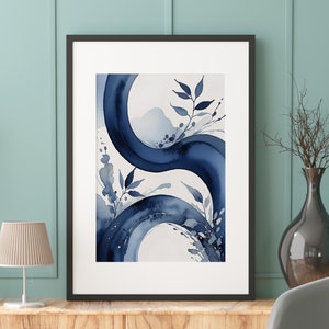 Dark Blue Abstract Watercolor Print: Japanese Botanical Wall Art (Digital Download)