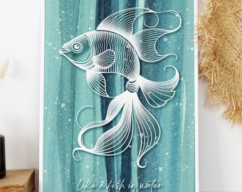 Impressão artística de peixe em aquarela azul: decoração náutica costeira (download digital)
