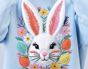 Easter Bunny PNG: Faux Embroidery Floral Rabbit Clipart (Digital Download)