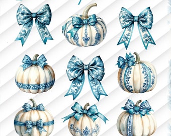 Chinoiserie Pumpkin PNG: Blue Toile & Turquoise Bows (Digital Download)