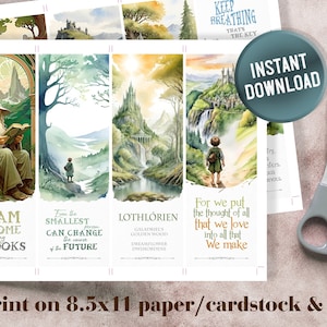 May include: Set of four printable bookmarks featuring watercolour illustrations of fantasy landscapes and inspirational quotes. The quotes are "I am at home among the books", "Even the smallest person can change the course of the future", "Lothlórien Galadriel's Golden Wood Dreamflower Dinimorikene", and "For we put the thought of all that we love into all that we make".
