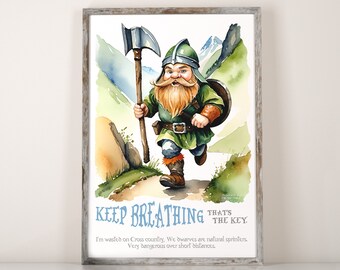 Arte mural infantil de ESDLA. Impresión con cita de J. R. R. Tolkien. Decoración de acuarela para sala de juegos. Respira. Esa es la clave. Gimli el enano, humor divertido.