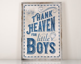 Nursery print boy Thank heaven for little boys, New Baby Printable Retro Nursery Poster Nursery Wall Decor, Baby shower gift Vintage Poster
