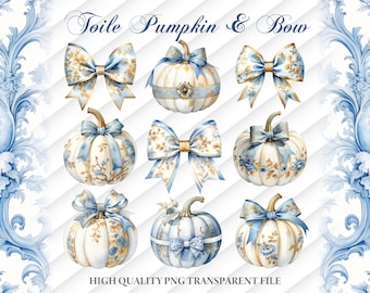Toile Pumpkin and Bow set PNG Light Blue and Gold Accents Elegant Fall Decor Hand painted Style Art Thanksgiving & Autumn Home Sublimation