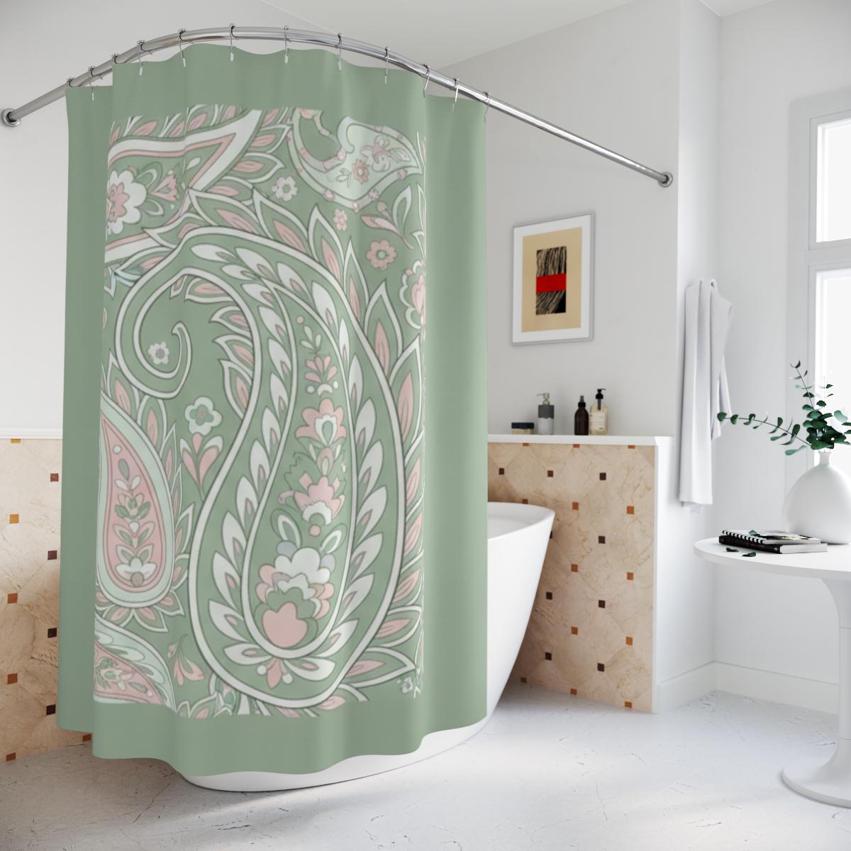 Sage Green Paisley Shower Curtain: Extra Long, Elegant Bath Decor, Linen Polyester 71'x74'