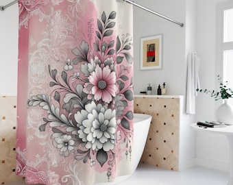 Floral Valentine Shower Curtain: Pink, Gray & White Polyester 71'x74'