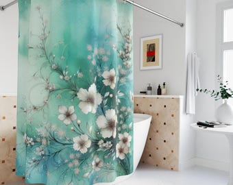 Floral Shower Curtain: Green Bath Decor, Spring Cottagecore, Linen Polyester 71'x74'