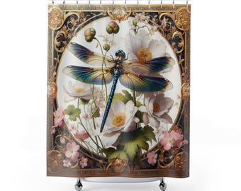 Dragonfly Shower Curtain: Spring Cottagecore, Elegant Bath Decor, Linen Polyester 71'x74'