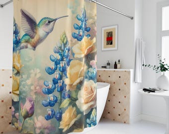 Hummingbird Floral Shower Curtain: Botanical Bathroom Decor-Island Luxe-polyester Linen-71'x74'